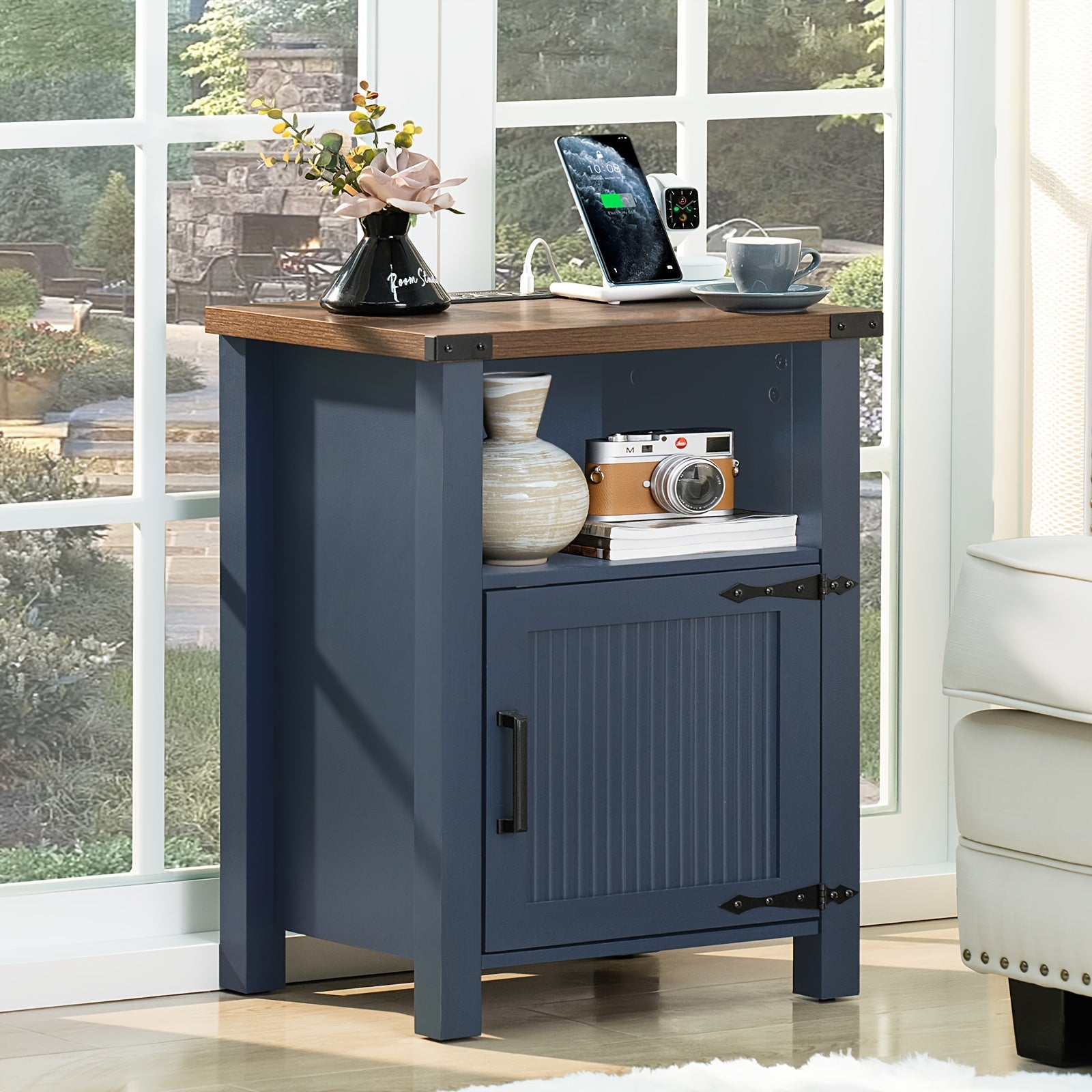 Charming Dark Blue 18" Farmhouse Nightstand with Charging Station & USB Port, Rustic Hardwood End Table with Magnetic Doors & Storage Shelf - Ideal for Bedroom Comfort, Bedroom Decor