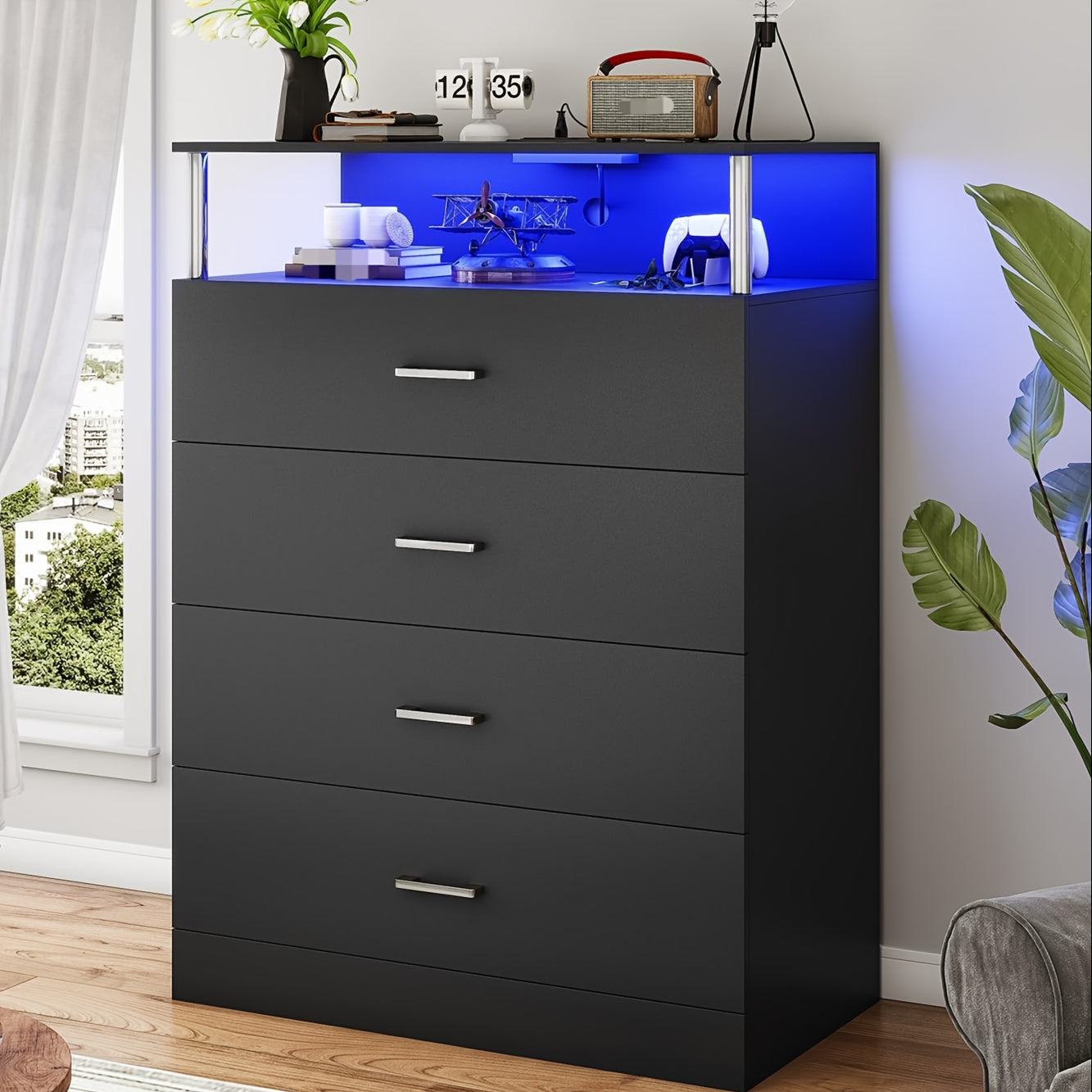 Modern Black LED Bedroom Dresser with 4 Drawers & Storage Shelves - Sleek Column Design, Plug-In Powered