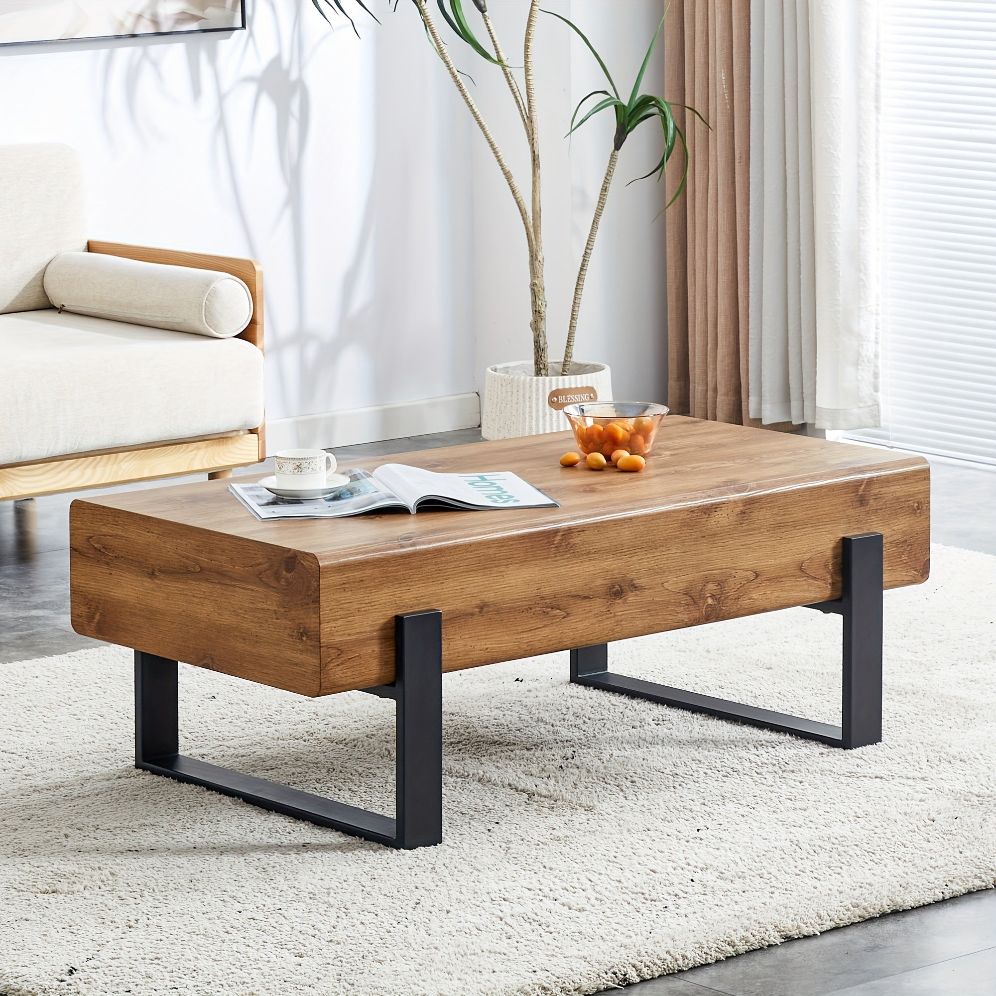 Rectangle Rustic Coffee Table, Modern Farmhouse Wood Simple Coffee Table With Metal Legs, Center Table For Living Room