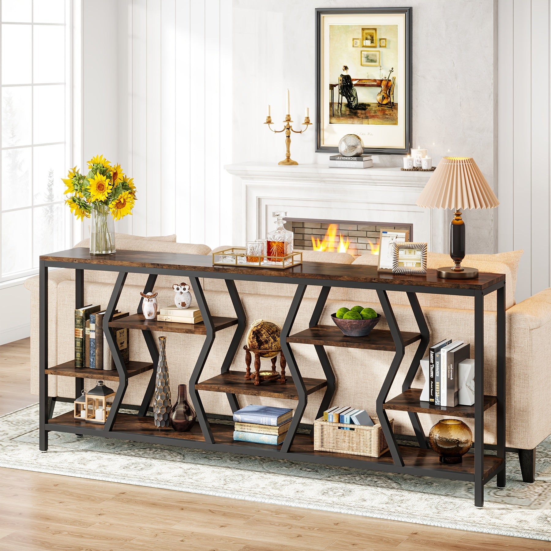 Extra Long 70.9" Rustic Brown Sofa Console Table with 4-Tier Storage Shelves - Industrial Narrow Design for Living Room, Entryway, or Foyer Decor