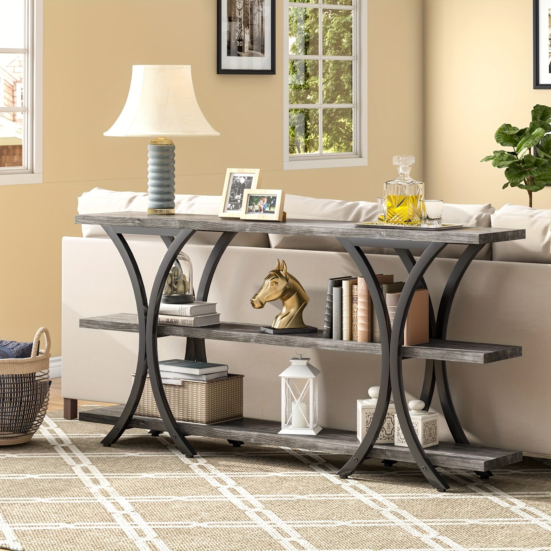 70.8 Inch Narrow Console Table, Long Sofa Table Entry Table with 3 Tier Storage Shelves for Entryway Hallway Living Room