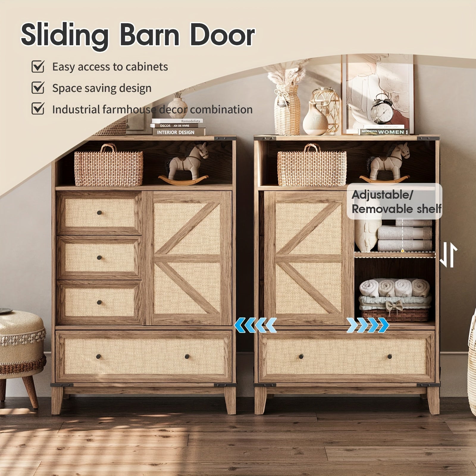 Rattan Dresser For Bedroom, Farmhouse Chest Of Drawers With Sliding Barn Door, Wood 4 Drawer Dresser With Open Storage For Bedroom, Living Room, Hallway, Nature