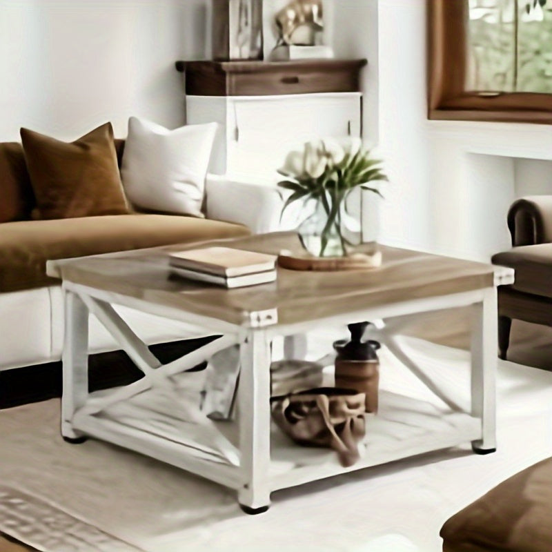 Farmhouse Coffee Table Square Center Table End Table with Open Storage Shelf for Living Room Home Gray Wash - Washed