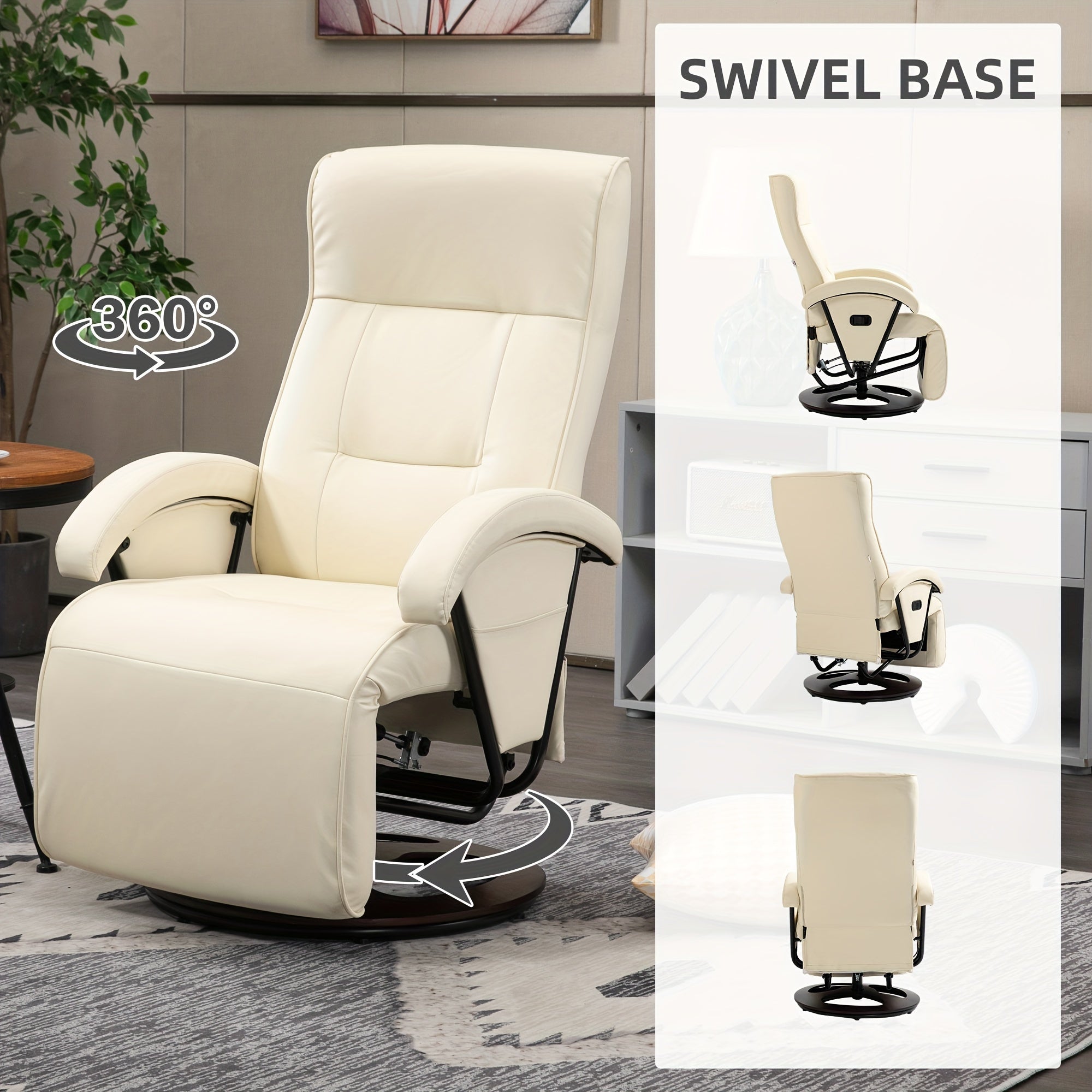 PU Recliner with Footrest, Lounge Chair with 135° Adjustable Backrest, Swivel Wood Base, Padded Seat & Armrests for Living Room, Beige