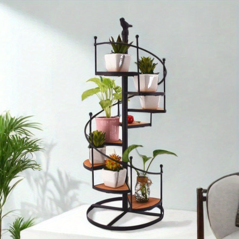 An Eight-Layer Spiral DNA Vintage Iron And Wood Ladder Flower Stand, a Rotating Staircase Multi-Layer Plant Shelf, Suitable for Balconies, Living Rooms, And Gardens, a Floor-Standing Succulent Rack, And a Pot Rack for Green R