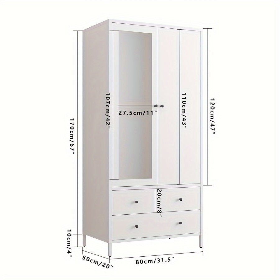 Metal Armoire Wardrobe Closet With 2 Drawers, Mirror Door And Hanging Rod, Metal Clothing Storage Cabinet, Garment Organizer With Magnetic Door - White/Dark Grey