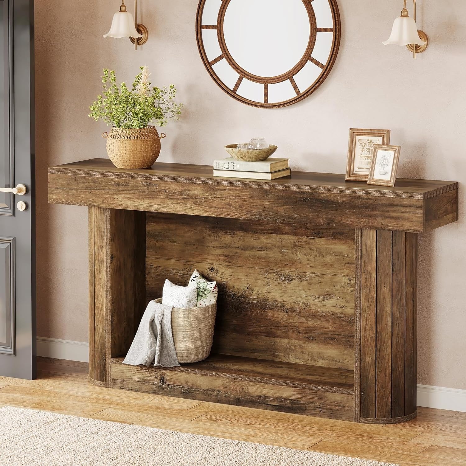 Charming Vintage Brown 63" Farmhouse Console Table with Storage - 2-Tier, Space-Saving Design, Ideal for Entryway, Living Room, or Foyer, Durable Hardwood Construction, Table Decor