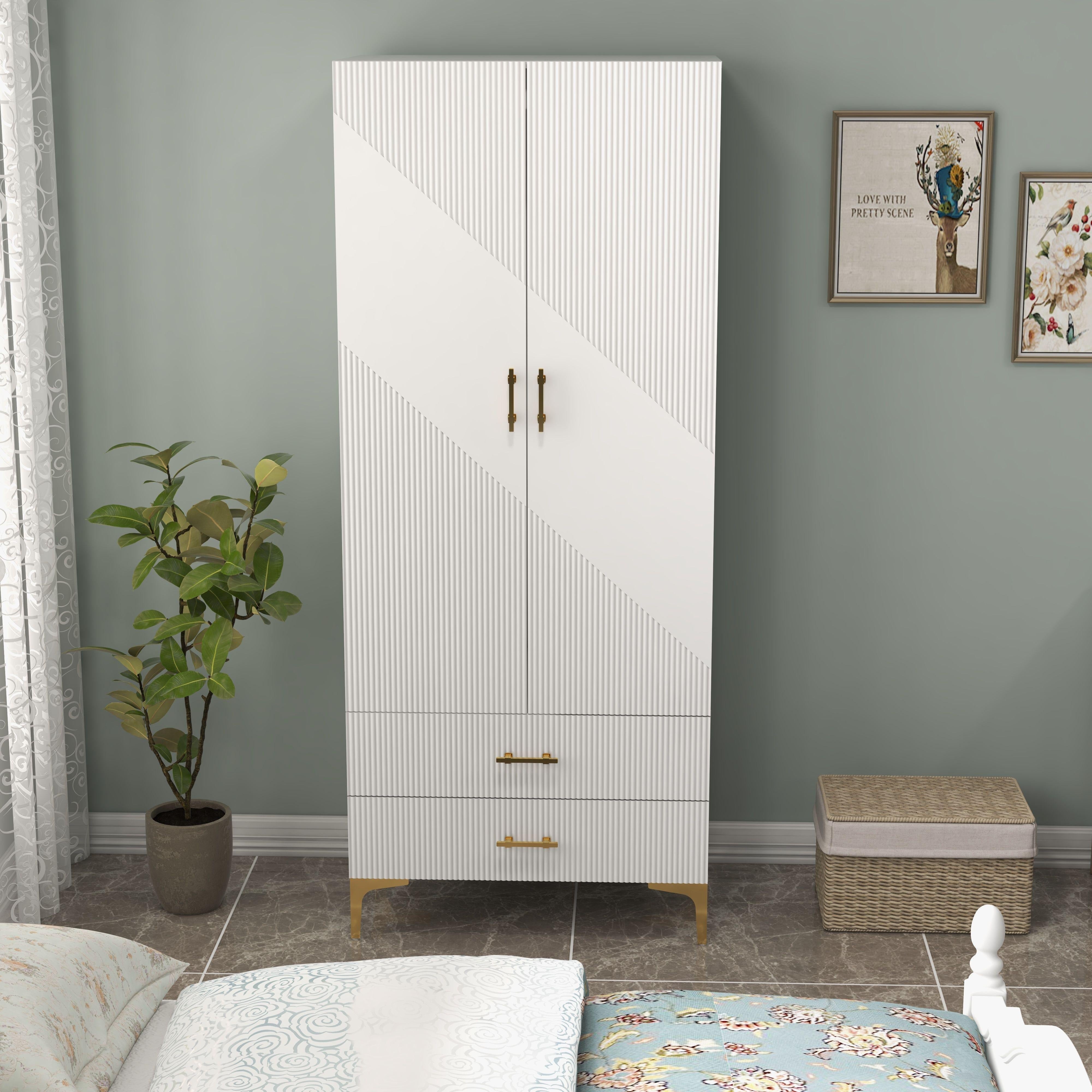 Modern Wooden Wardrobe Closet with Drawers, 2-Door Armoire, Hanging Rod, Metal Legs, Lockable Flat Door, Pine Wood Back, Floor Mount, Weather-Independent, with 20.4" D x 31.5" W x 76.8" H for Storage