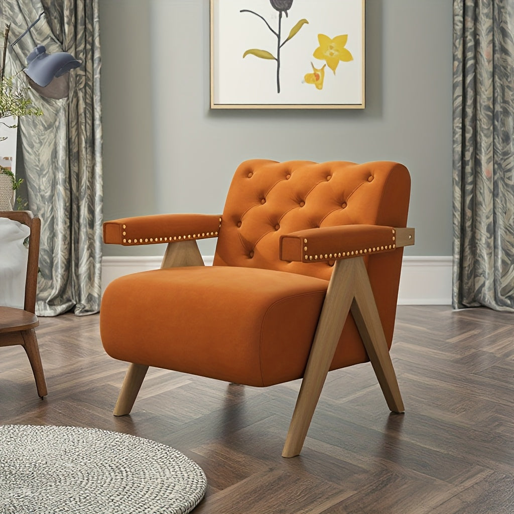 Mid Century Modern Accent Chairs With Solid Wood Frame, Boucle Upholstered Living Room Chairs With Thick Cushion, Comfy Tufted Arm Chair For Bedroom, Velvet Single Sofa