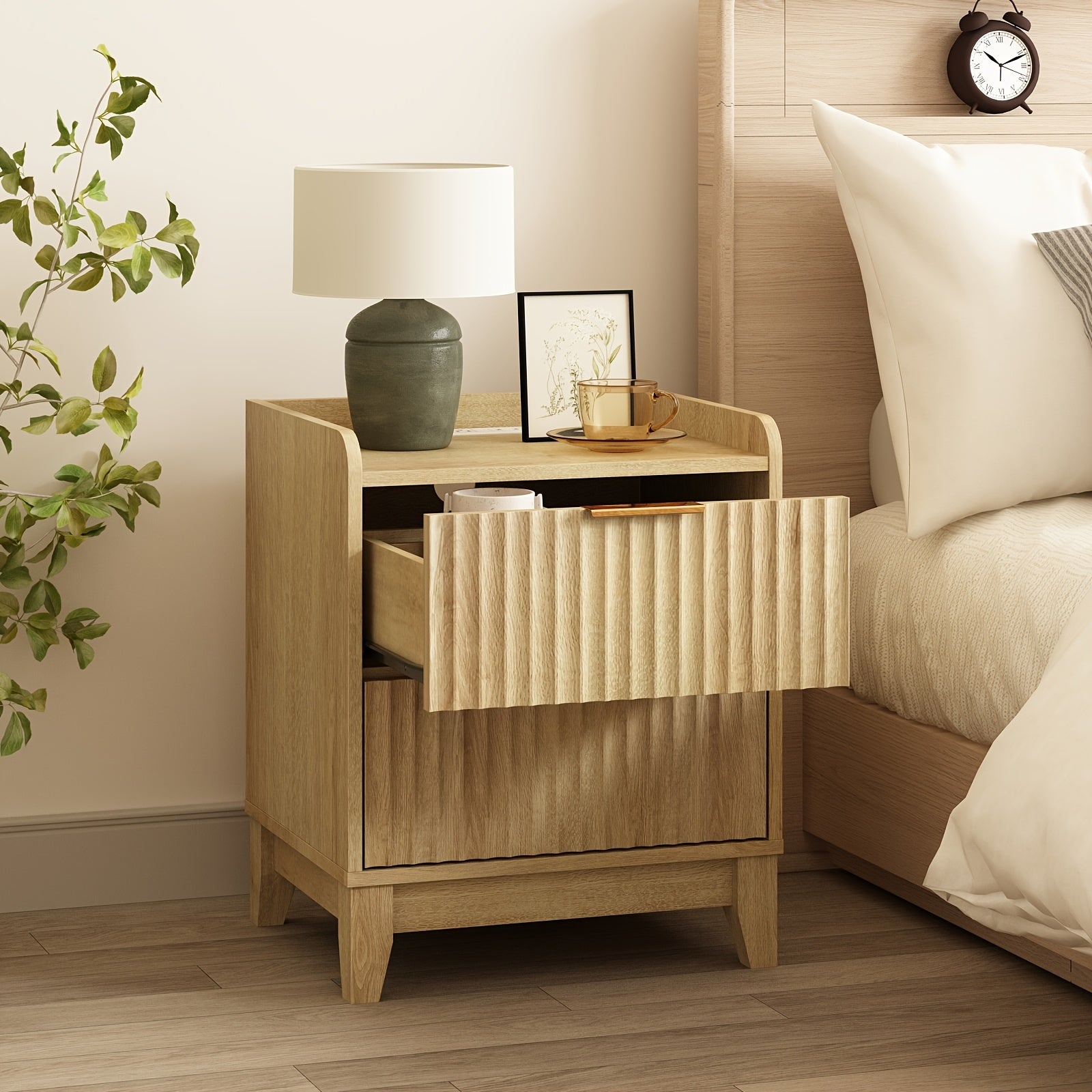 Modern Wood Bedside Table With 2 Drawers And Storage, Farmhouse Fluted Nightstand With Charging Station For Bedroom Or Living Room