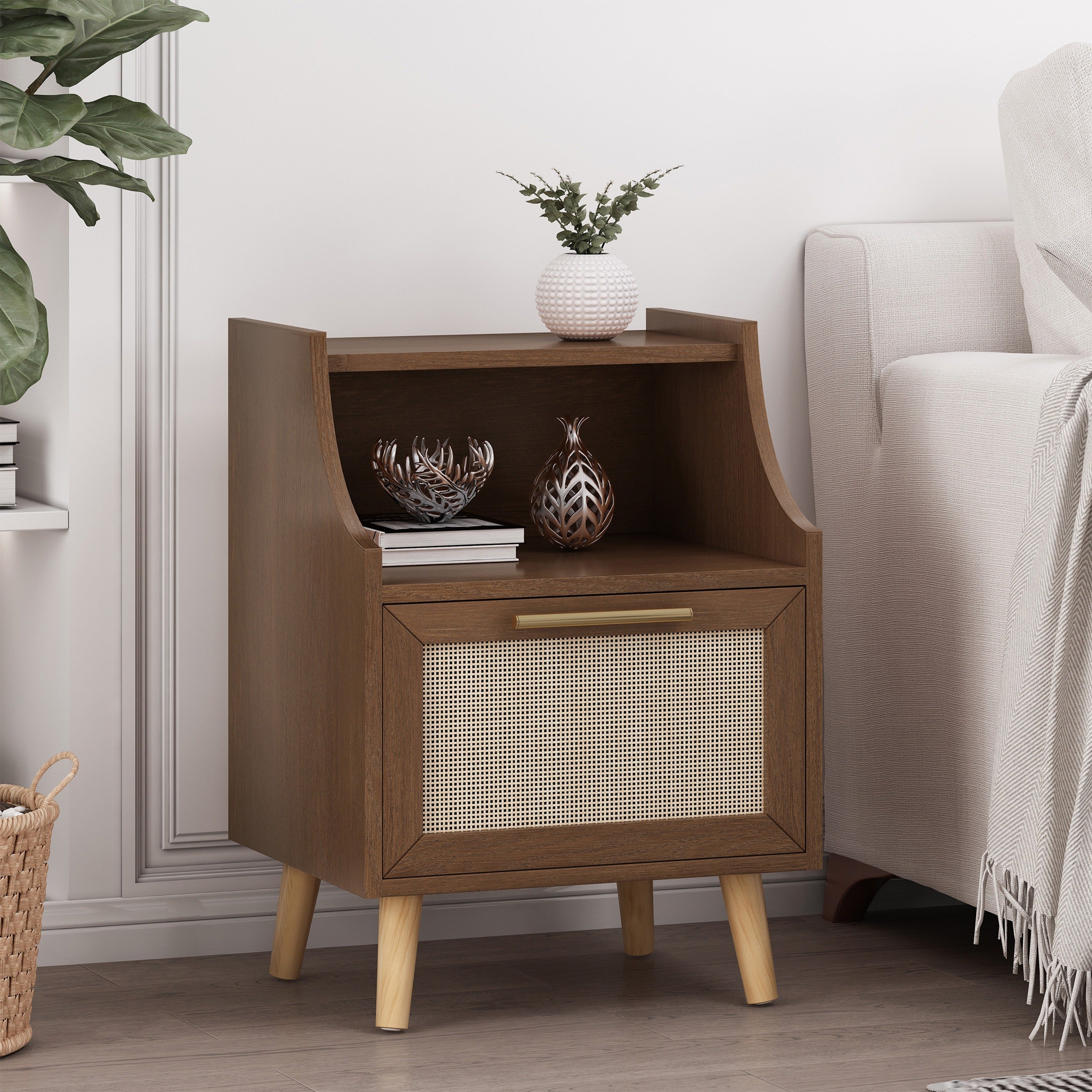 Merax Contemporary End Table With Rattan Accents And Tempered Glass - Walnut Finish, Built-in Hutch, And Antique Gold Details, Nightstand