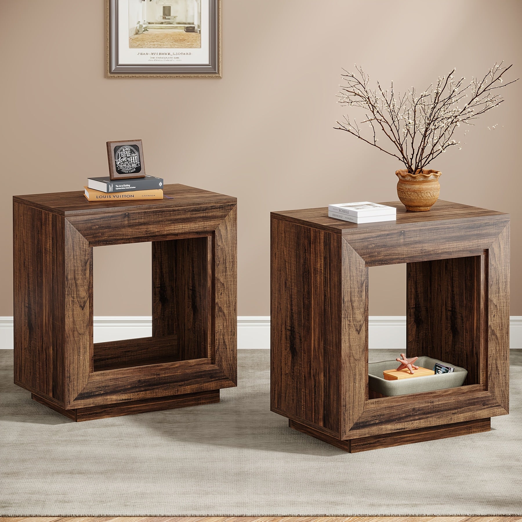 Charming 24" Farmhouse End Table with Storage - Rustic Dark Wood Finish, 2-Tier Side Table for Living Room or Bedroom, Space-Saving Design with Ample Top Surface & Under-Table Shelf for Books and Decor, Compact Side Table|Rus