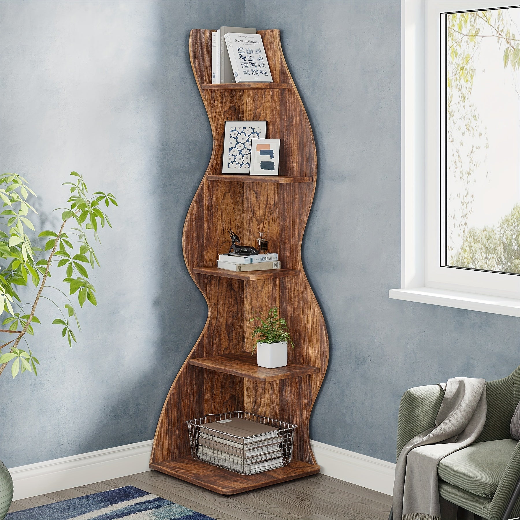 Rustic 5-Tier Wooden Corner Shelf - Space-Efficient Wall-Mounted Bookshelf with Unique Sea Grass Design Perfect