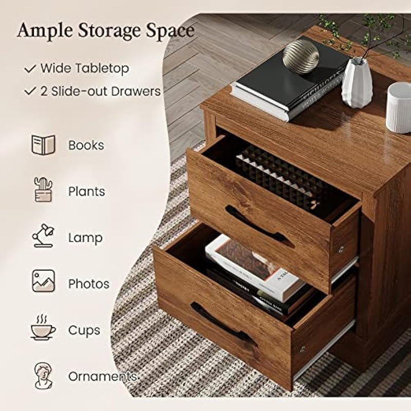 Farmhouse Nightstand Wood Bedside Table Storage Drawers Compact Floor Night Stand End Table Walnut Accent Sofa Side Table for Bedroom