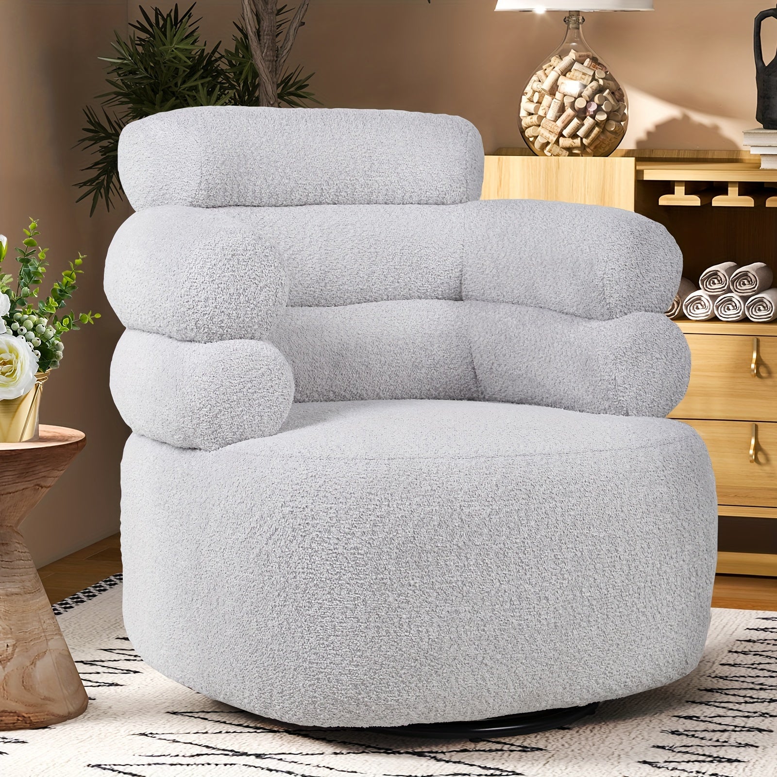 Lamb Wool Swivel Accent Chair with Plump Pillow for Living Room