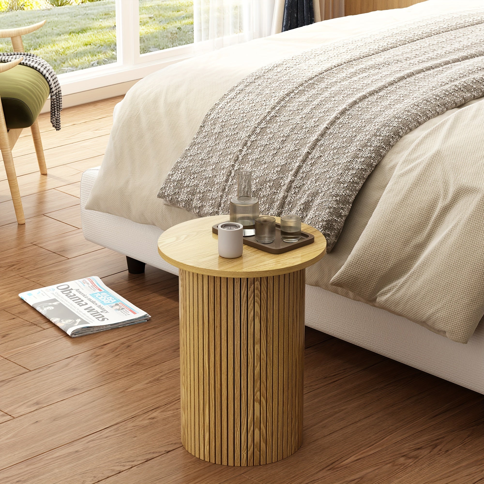 Round Fluted End Table, Small Accent Pedestal Nightstand For Living Room & Bedroom, Modern Wood Bedside Table With Natural Finish