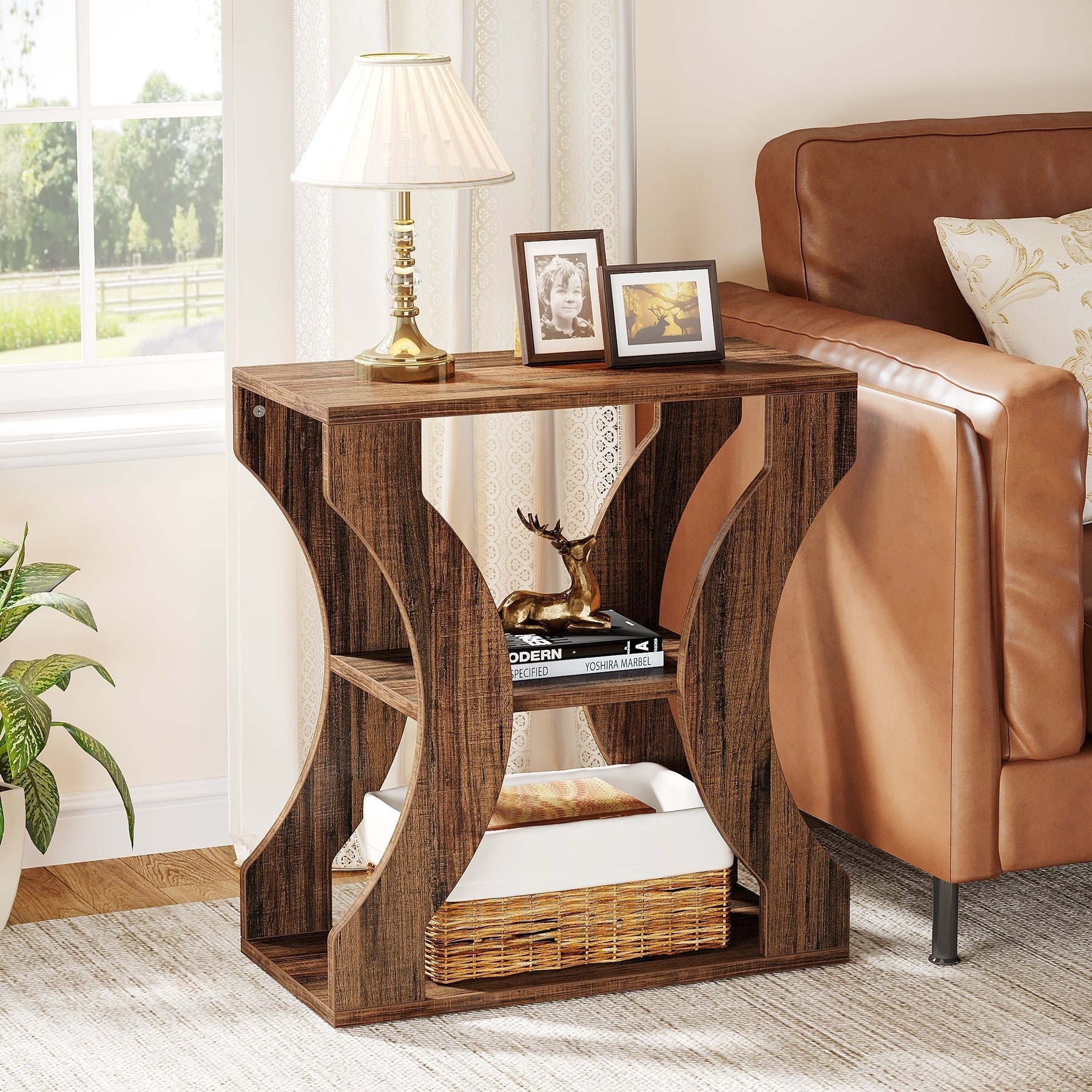 24 Inch Side Table, 3 Tier Farmhouse Side Table with Storage Shelves, can be used as a bedroom nightstand, coffee table