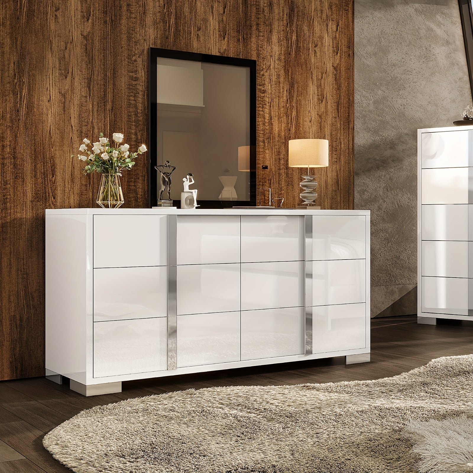 1pc Modern 54" W Dresser, 6-Drawer Glossy Hardwood & MDF Sideboard with Silver Accents, Freestanding Storage Organizer for Bedroom, Living Room