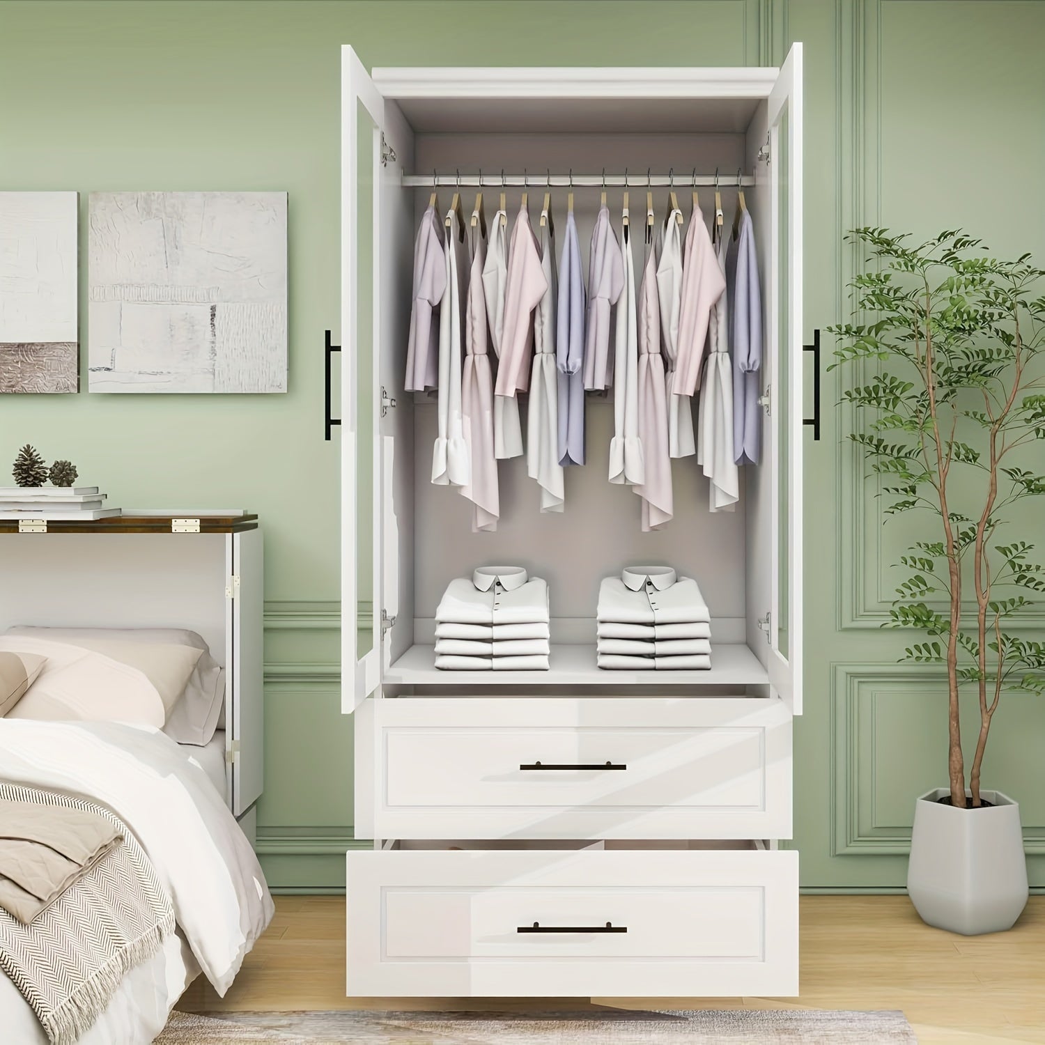 71" High White Wooden Wardrobe with Transparent Doors - Spacious Bedroom Armoire Closet Featuring 2 Drawers & Hanging Rods, Ideal for Stylish Storage, Bedroom Decor And Accessories