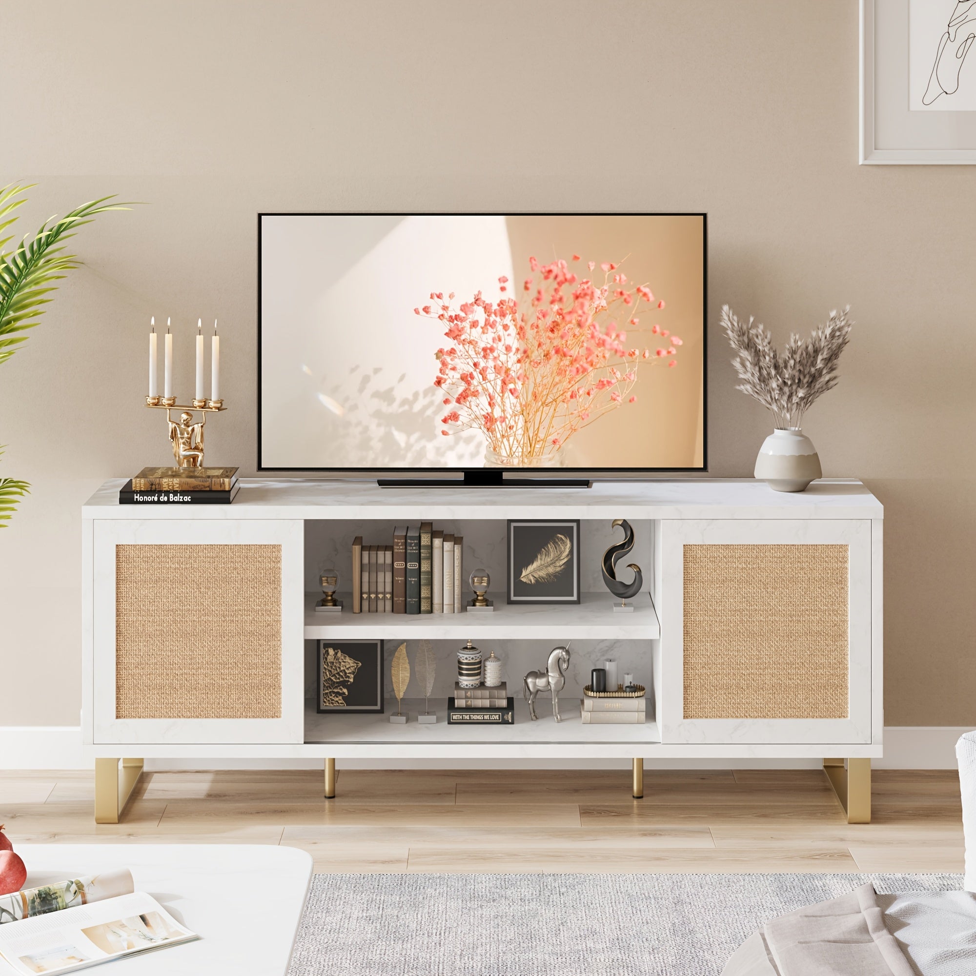 Modern Rattan TV Stand for 65 Inch Televisions, White Marble Entertainment Center, Floor Mount Console with Storage, Doors, and Shelves, for Living Room Bedroom Media Furniture