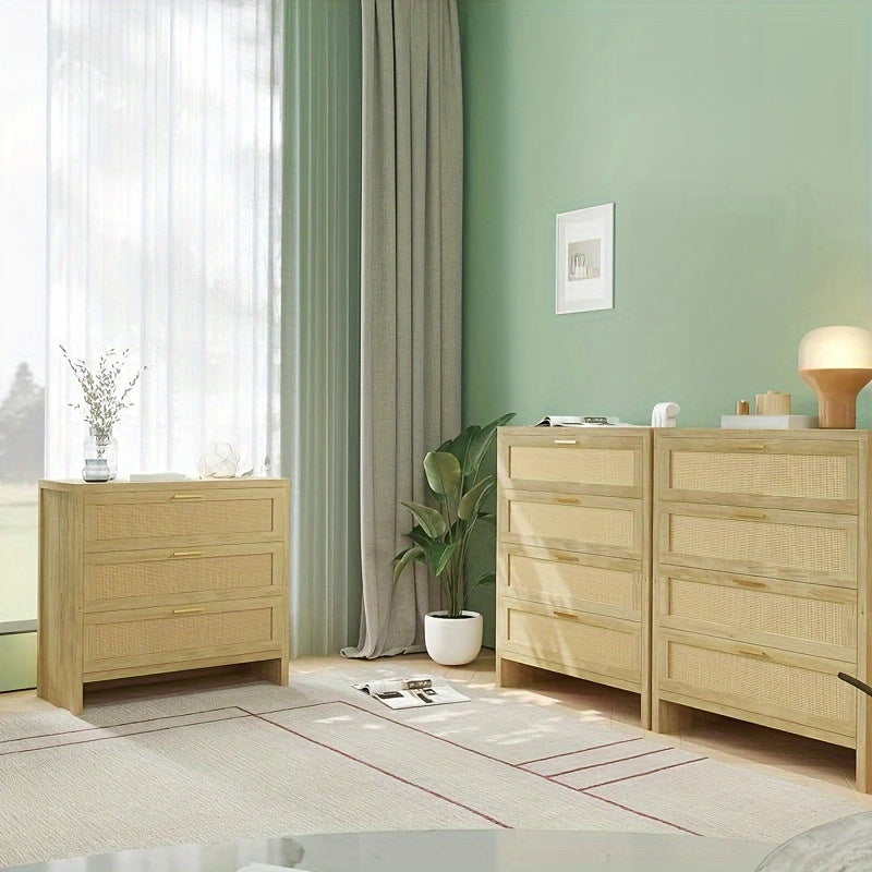 3 Drawer Dresser for Bedroom Rattan Modern Wooden Dresser Chest with Golden Handles, Wood Storage Cabinet Beside Table