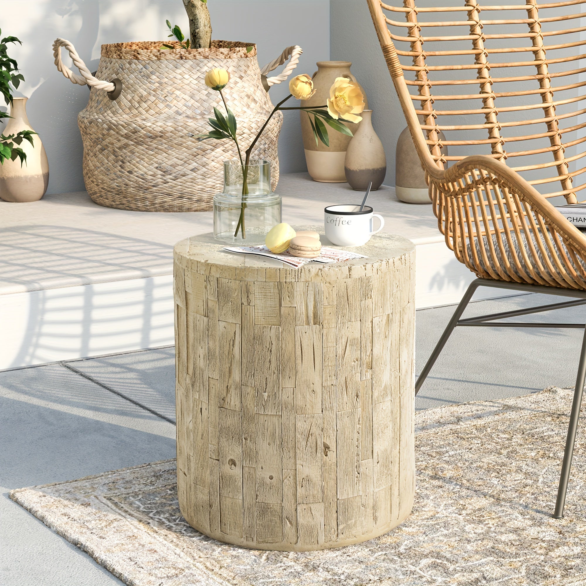 15" Outdoor Side Table For Patio, Concrete Side Table Tree Stump Side Table, Garden Stool Side Table, Patio Side Table, Outdoor Accent Table, Light Brown Outdoor End Table Stump Coffee Table, Christmas Holiday Decorations Sid