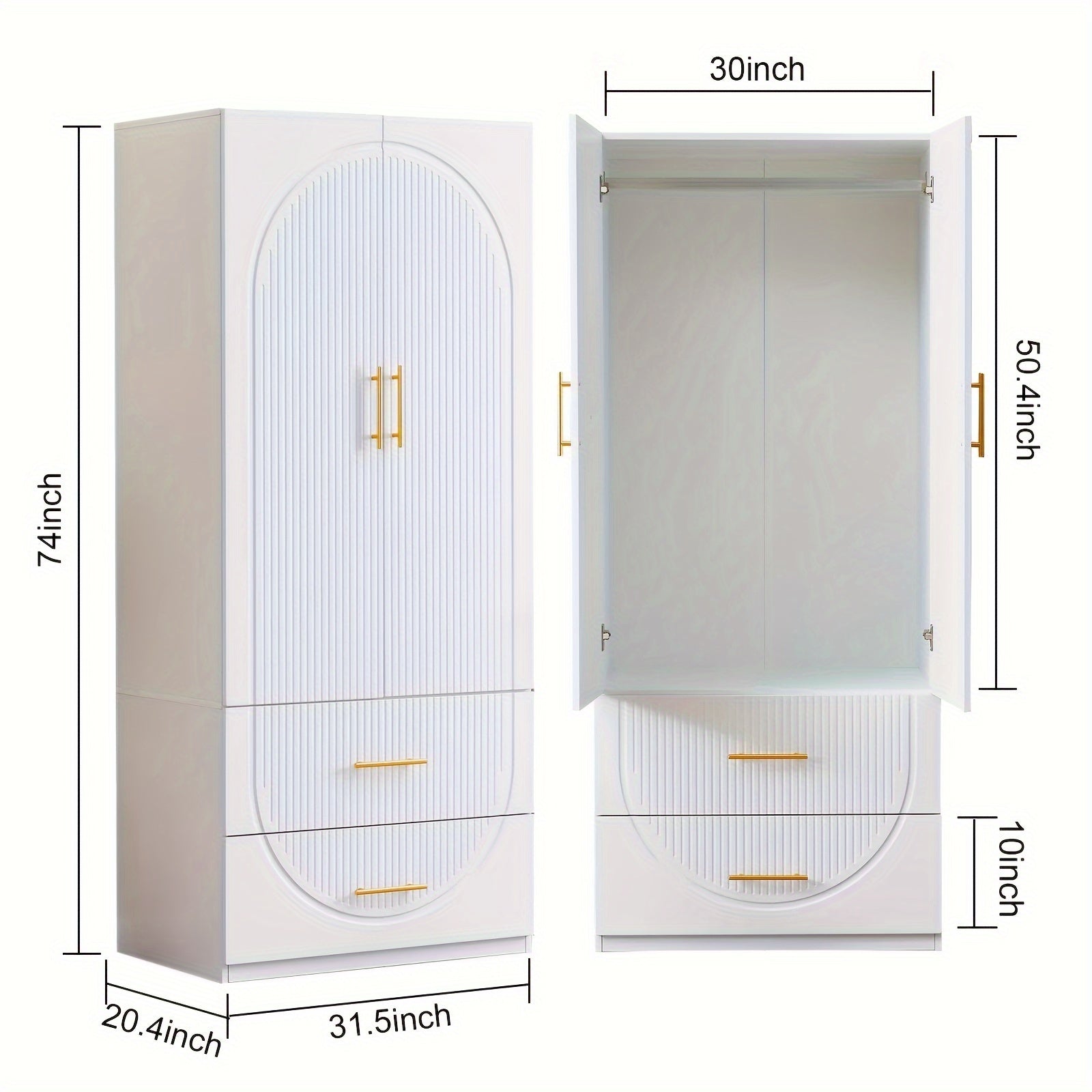 2-Doors Armoire Wardrobe Closet With Drawers, Modern White Closet Cabinet Wardrobe With Hanging Rods, Wood Armoire Closet Cabinet 74" H