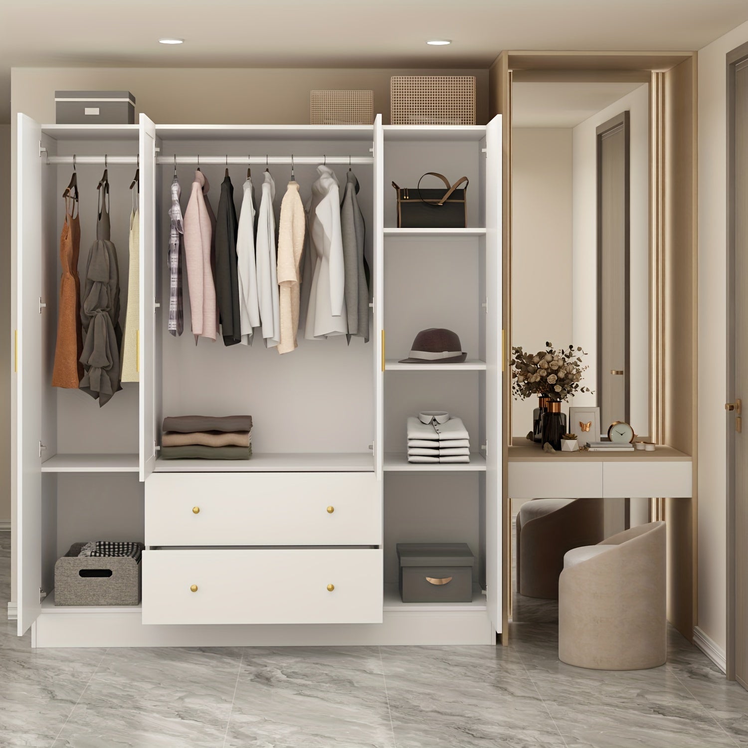 Large Wardrobe with Mirrors, 4-Layer Shelves, 2 Drawers, 2 Hangers and 4 Cabinet Doors, Modern Bedroom Storage Cabinet, A Stylish Practical Solution for Your Bedroom, White