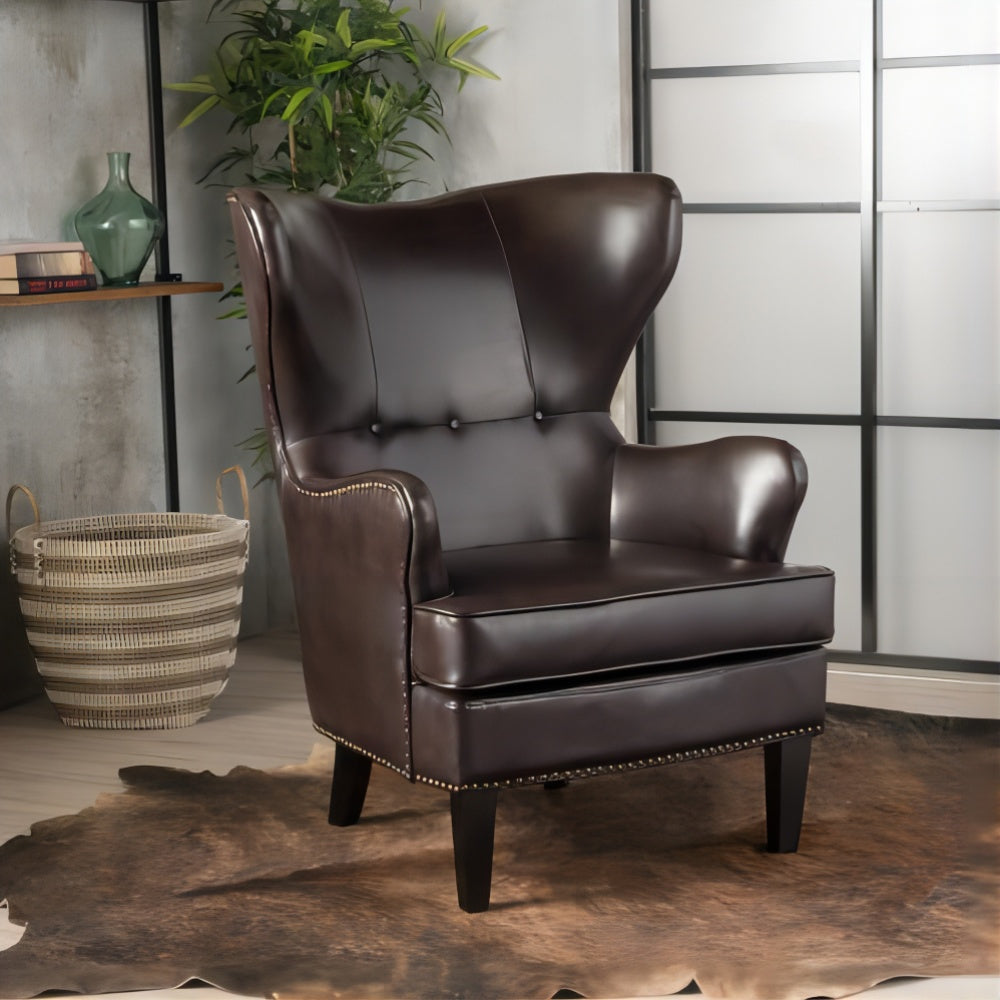 Elegant High Back Chair in Dark Brown PU Leather, Luxurious and Comfortable Design, Dimensions: 31 inches (Length) x 32.75 inches (Width) x 41.25 inches (Height)