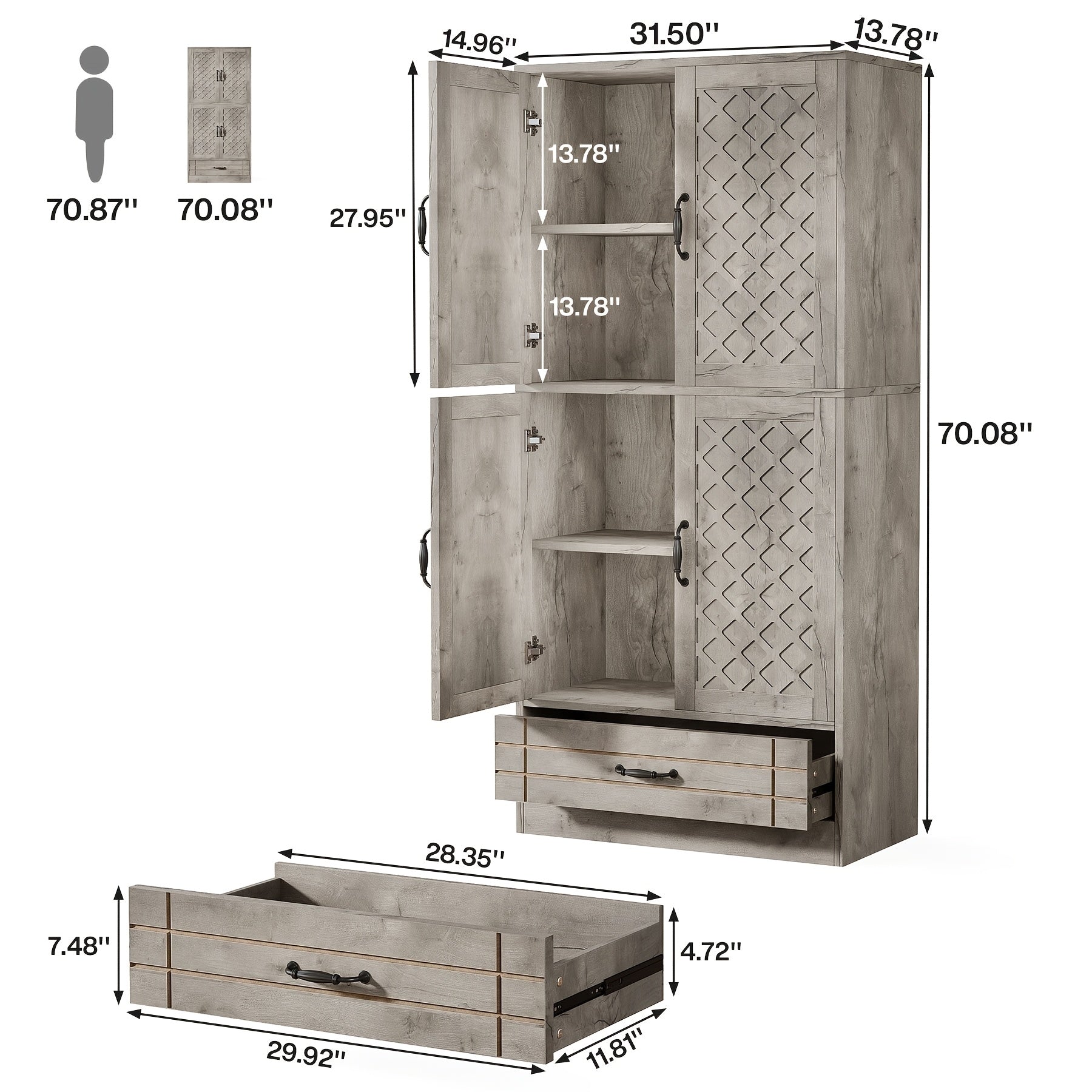 Rustic Farmhouse Kitchen Pantry - 70" Tall Storage Cabinet with Doors, Shelves & Drawer | Durable Wood Construction for Dining Room Essentials, Kitchen Pantry Cabinet