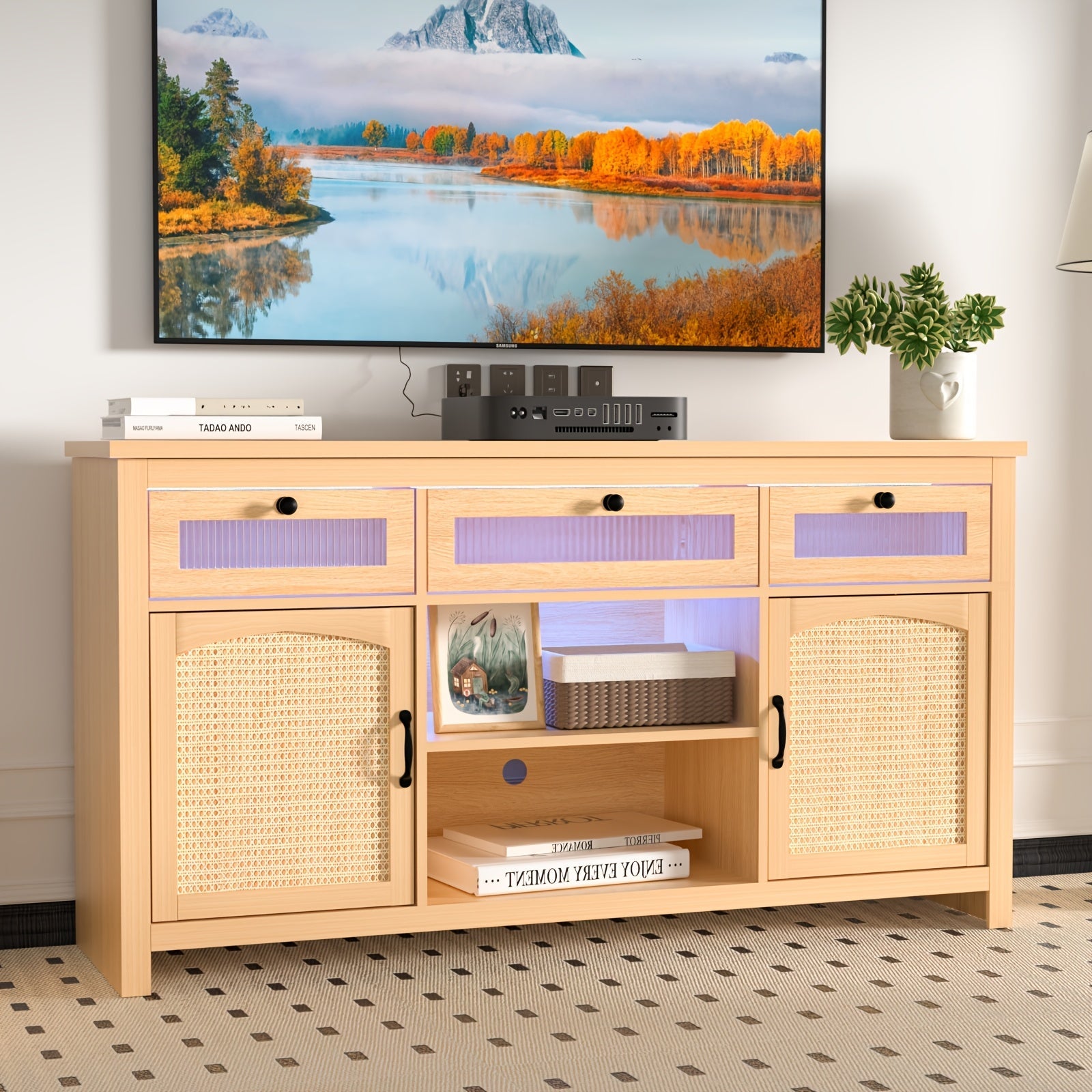 Boho-Chic 59" Rattan TV Stand with LED Backlight - Contemporary Wooden Media Console for Living Room, Bedroom | Includes Storage Cabinets & Drawers | Durable MDF Top | Versatile Use