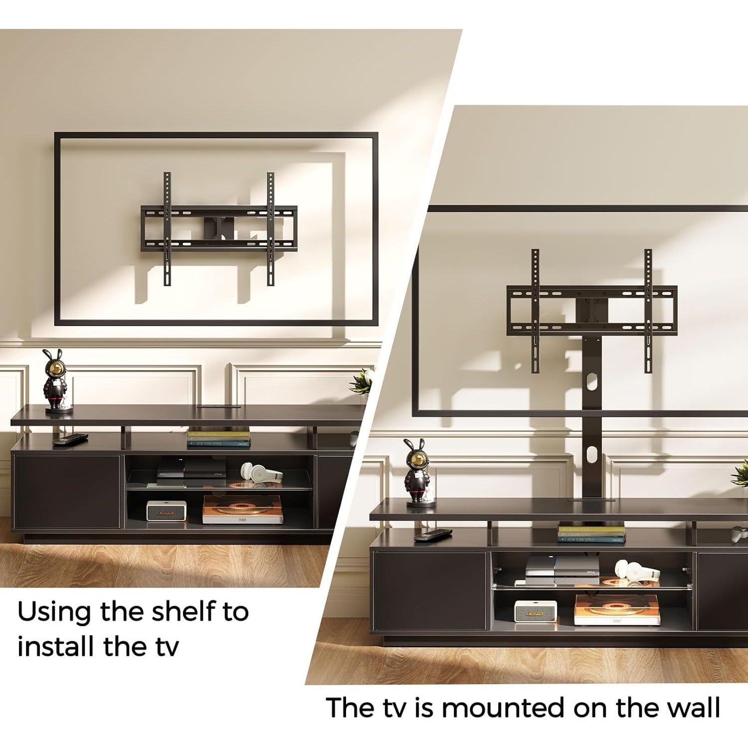 TV Stand with Mount and Power Outlet 51.2", Swivel TV Stand Mount for 32/ 45/ 55/ 60/ 65/ 70 inch TVs, Height Adjustable Modern Entertainment Center with Storage & LED Lights, TV Table