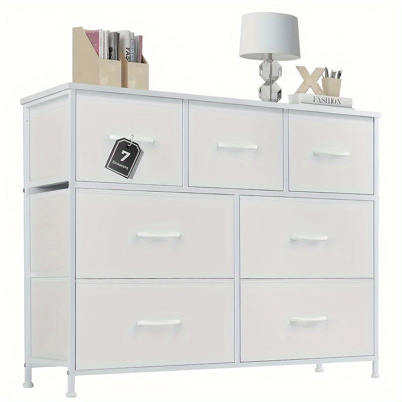 7 Drawer Fabric Storage Tower Dresser - Bedroom Storage Solution With 45 Inch Screen Wooden TV Stand - White - Dresser