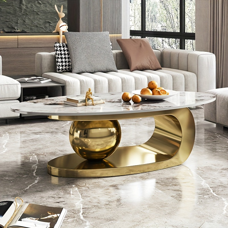 Exquisite Modern Oval Stone Coffee Table With Abstract Gold Gray Metal Base - Perfect Centerpiece For Stylish Living Rooms-Gold Gray 51" Lx27.6 Wx16.5 H.