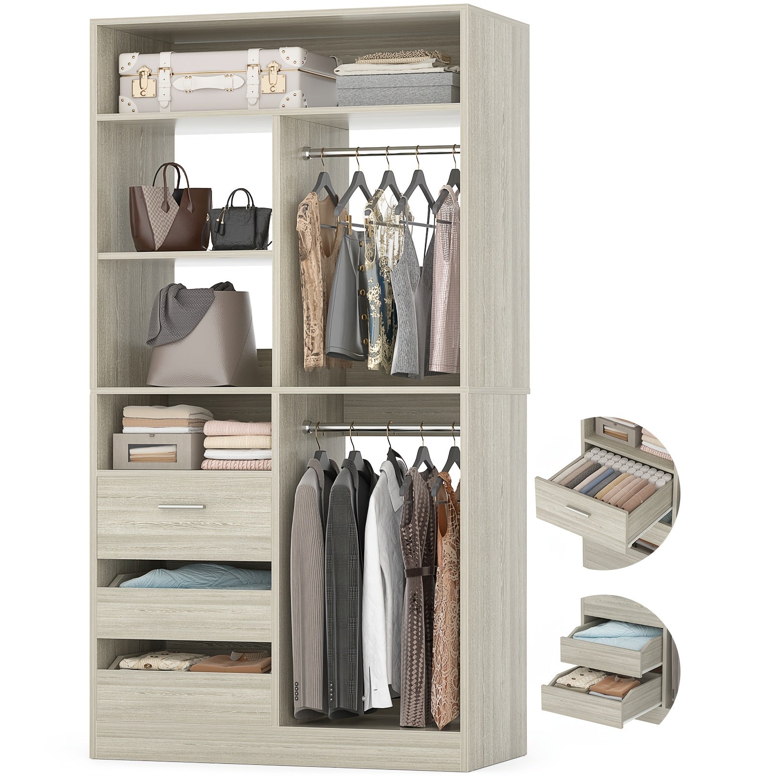Standalone Wardrobe System with Suitcase Storage Space 36 Inch Standalone Wardrobe with 3 Wooden Drawers 80 Inch Height