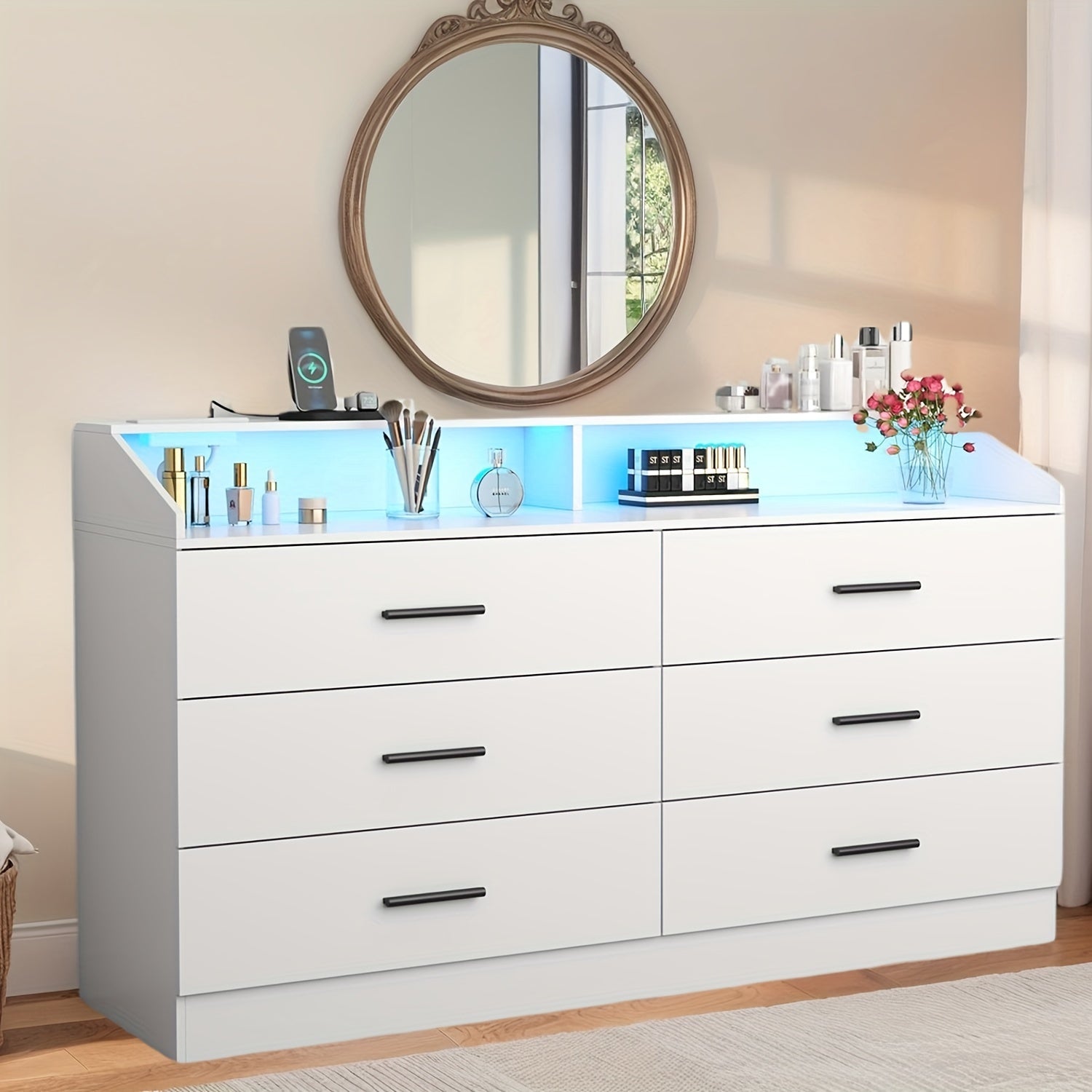 6 Drawer Dresser With Power Outlet Chest Of Drawers With Open Storage Cubby Modern Double Wide Dresser Organizer