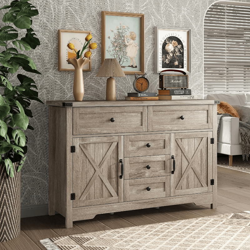 Solid Wood Farmhouse Dresser Chests for Bedroom with 5 Drawers & 2 Barn Doors Tall Chest of Drawers Rustic Dresser TV