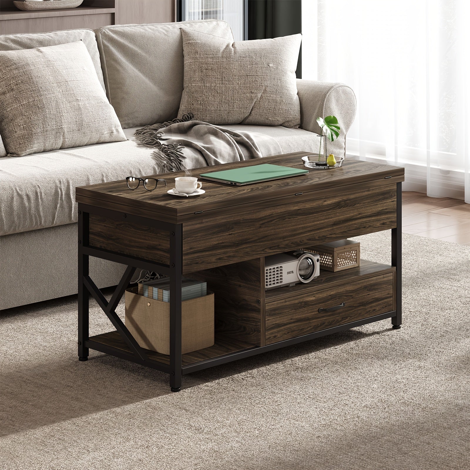 Convertible Lift-Top Coffee Table with Storage, 4-in-1 Multi-Functional Wood Table, Expandable Tiered Shelf Design, Freestanding Rustic Brown, with Hidden Compartment, for Living Room, Dining Room