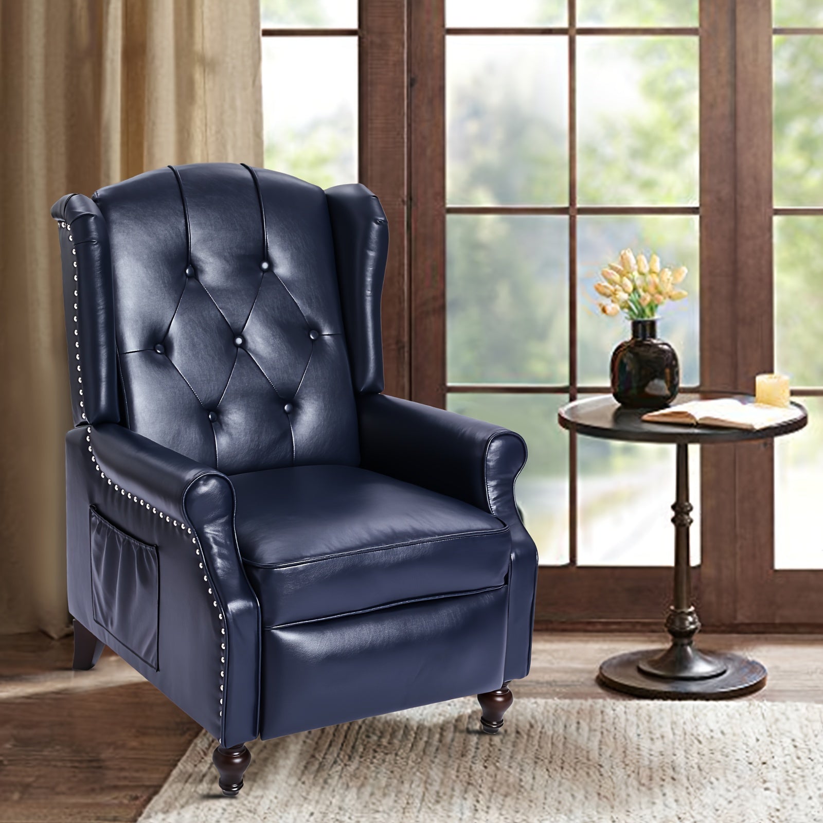 Recliner Chair With Heat And Massage, PU Leather Push Back Recliner Chair For Living Room, Vintage Wingback Recliner With Remote Control, Padded Cushion, Backrest, Wooden Legs (Navy Blue)