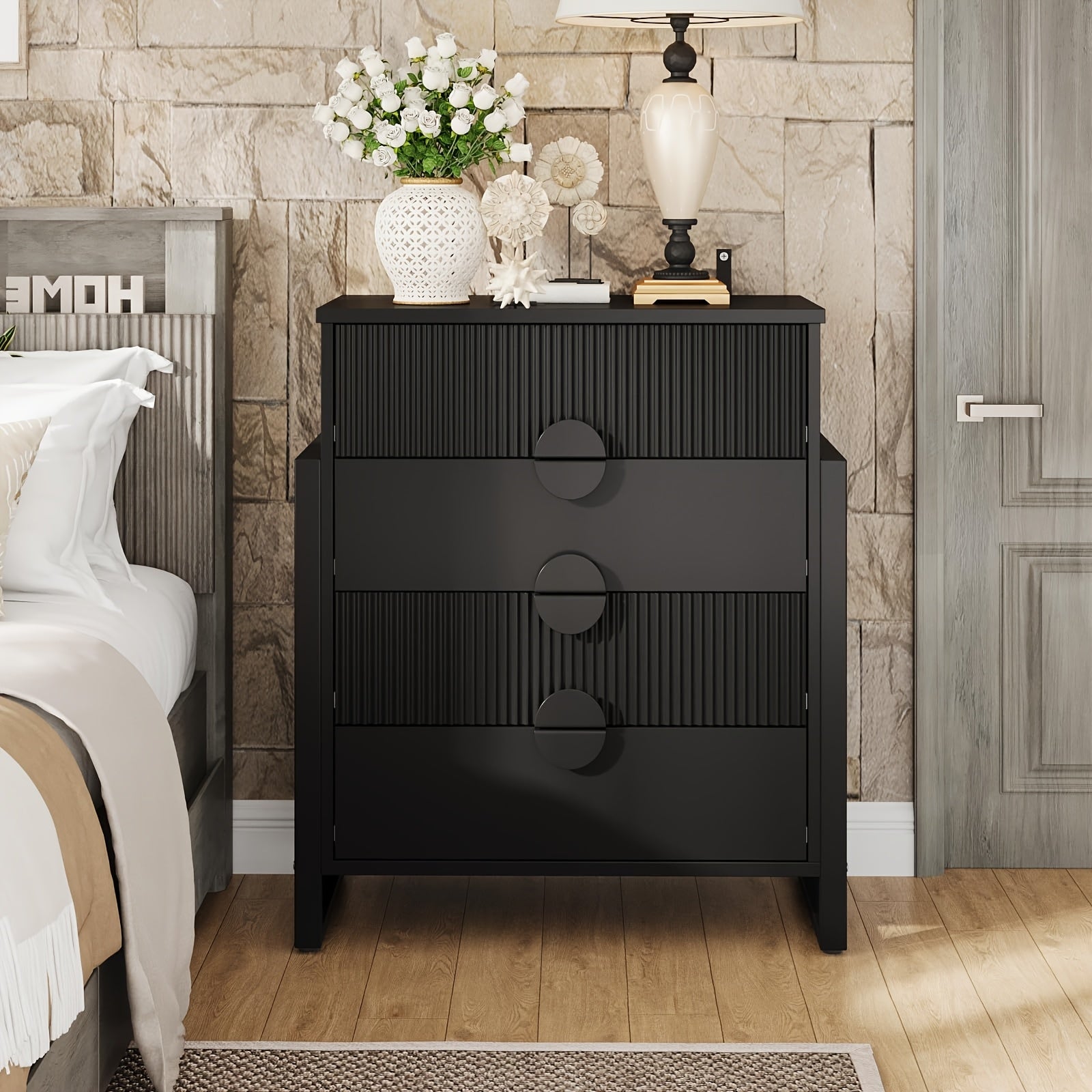 Modern Fluted 4 Drawers Dresser, Dressers For Bedroom, Furniture For Home, Side Table End Table And Nightstand, Metal H Legs, Large Metal Handles For Bedroom, Living Room, Hallway