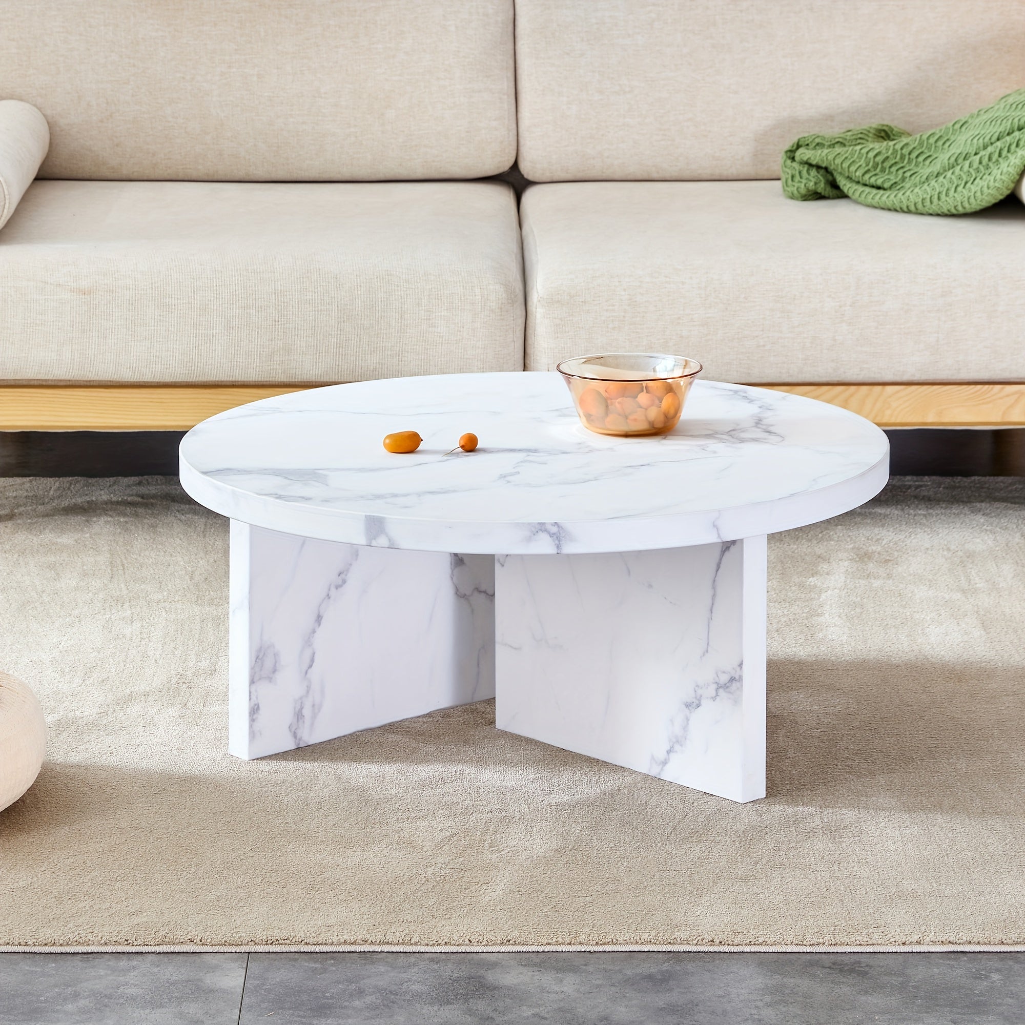 Modern Marble-Look Round Coffee Table For Living Room, Unique Circle Central Table, White Faux Marble Coffee Tables For Home Reception Office Waiting Area