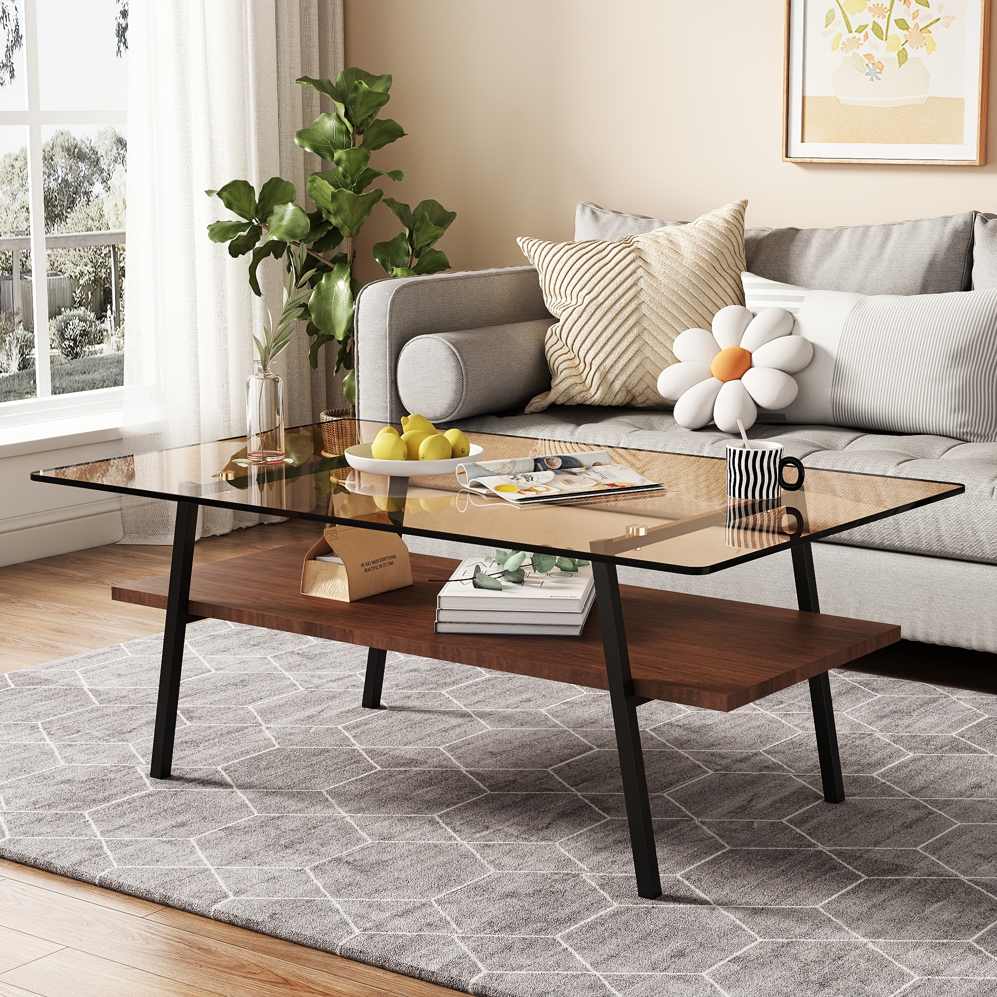 Modern Glass Coffee Table, Rectangle Tempered Glass Table For Living Room, 2-Tier Center Table With Metal Frame, Stylish Design Versatile