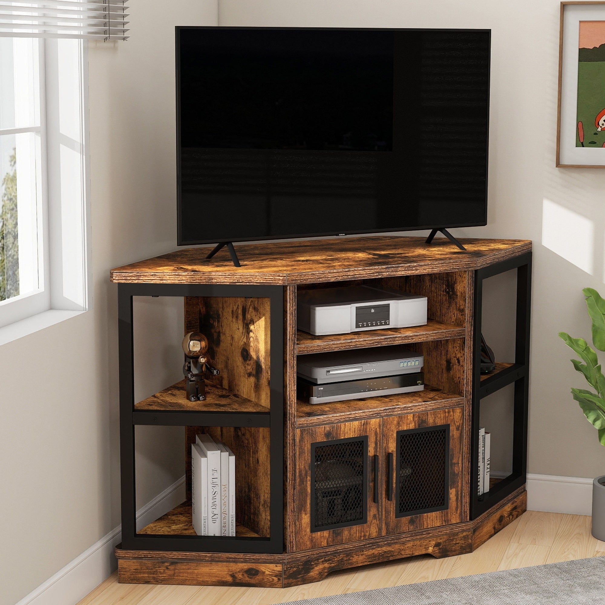 Rustic Corner Entertainment Center TV Stand with Power Outlets and Storage, Thanksgiving Christmas Halloween Day Gift