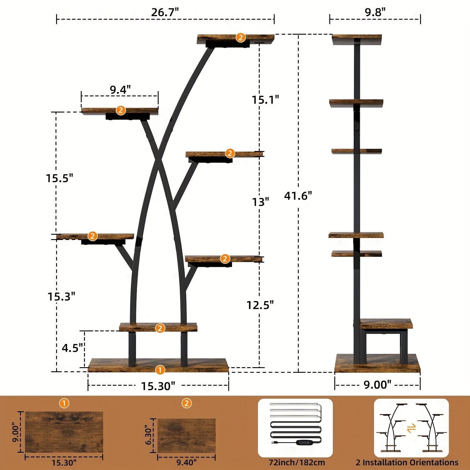 Plant Stand Indoor With Grow Lights - 7 Tiered Plant Shelf Indoor, Multi Functional Display Stand With Thickened Wooden Boards, Corner Plant Stands For Plants Multiple, 42" Metal Corner Shelves, Plant Flower Holder Display Ra