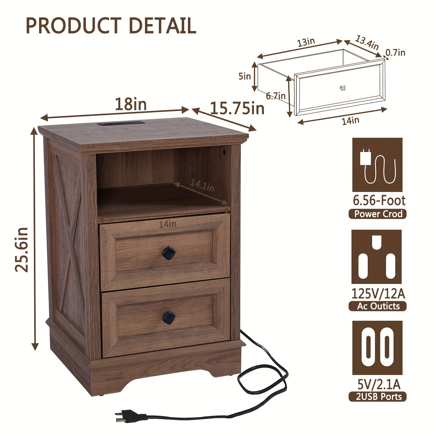 Farmhouse End Table wtih Charging Station, Nightstand with 2 Drawers, Side Table Storage Cabinet for Bedroom, Living Room, Wood Bedside Table, Natural Oak