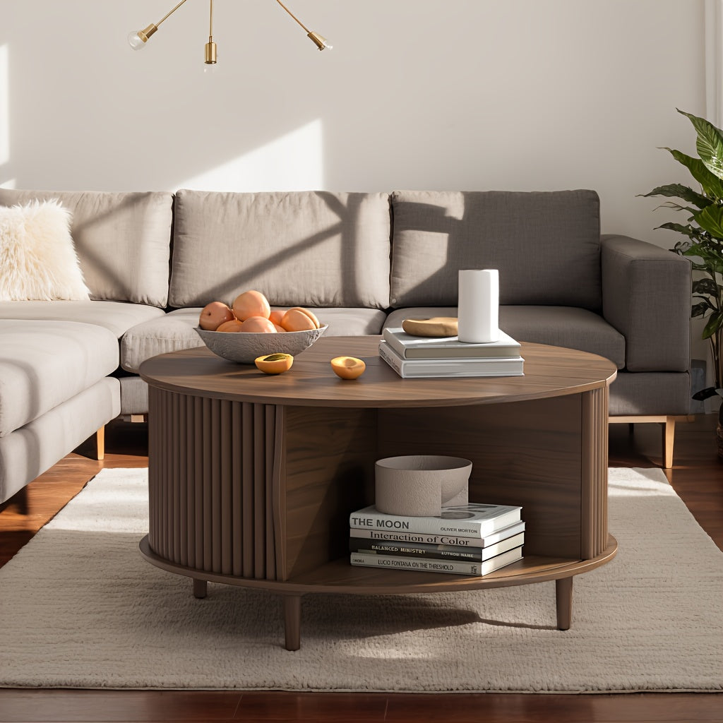 Round Coffee Table With Storage, Mid Century Modern Coffee Table With Sliding Cabinet Door, Coffee Table For Living Room, 31.5" Small Center Table (Walnut)