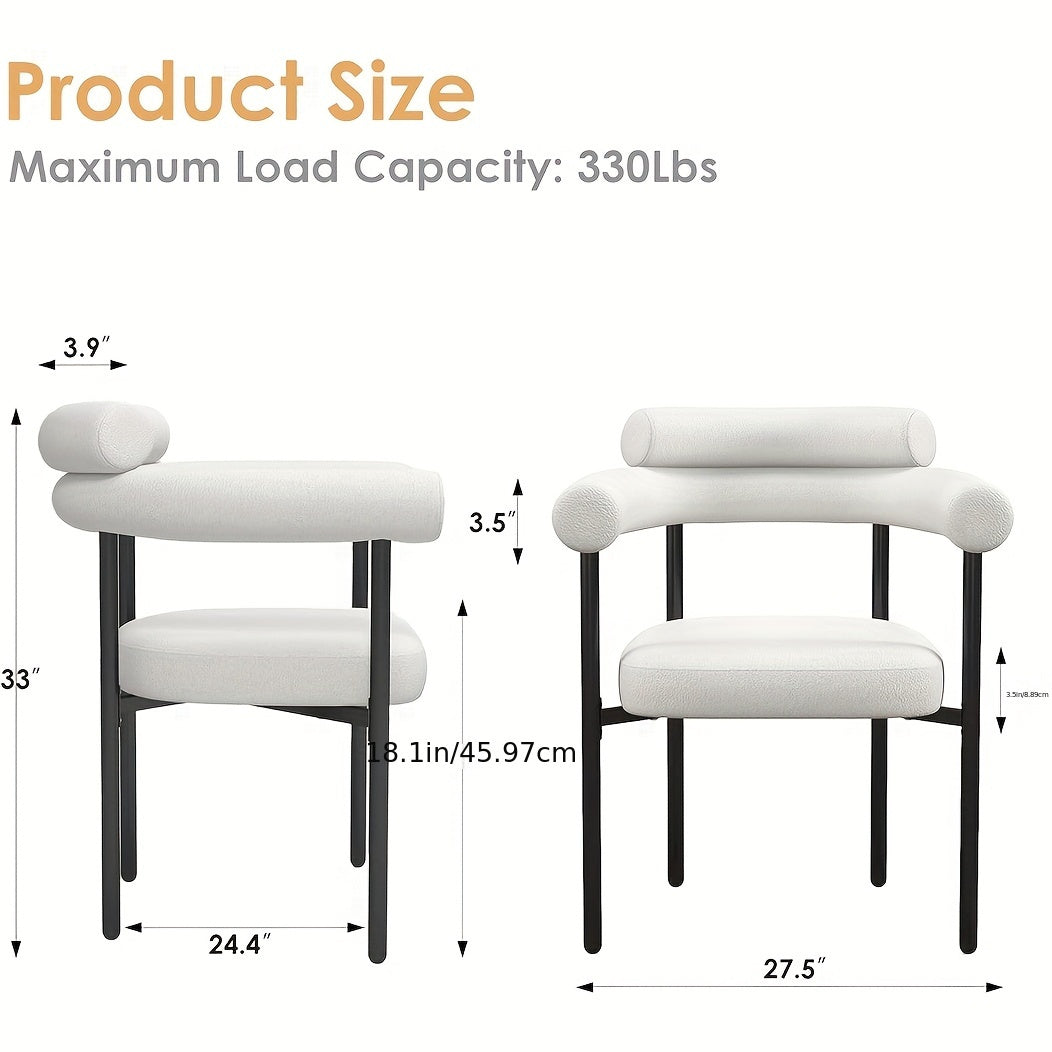 Dining Chairs Set Of 2, Mid-Century Modern Dining Room Chairs With Curved Backrest And Armrest, Round Kitchen Chairs With Cushions And Metal Legs For Kitchen, Living Room (2, White)