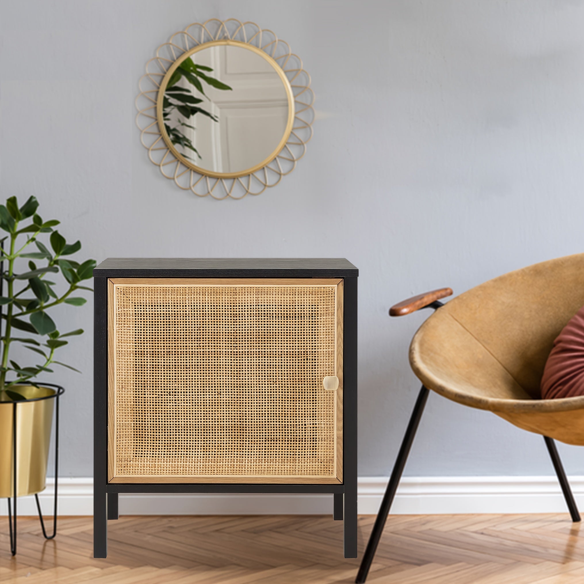 Rattan Nightstand, End Table With Doors, Side Table With Solid Wood Legs for Bedroom