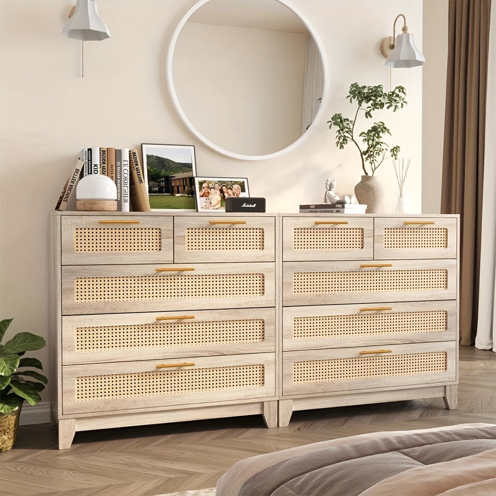 5 Drawer Chest Dresser Rattan 5 Chest Of Drawers For Bedroom Wood Storage Cabinet With Metal Handles For Living Room