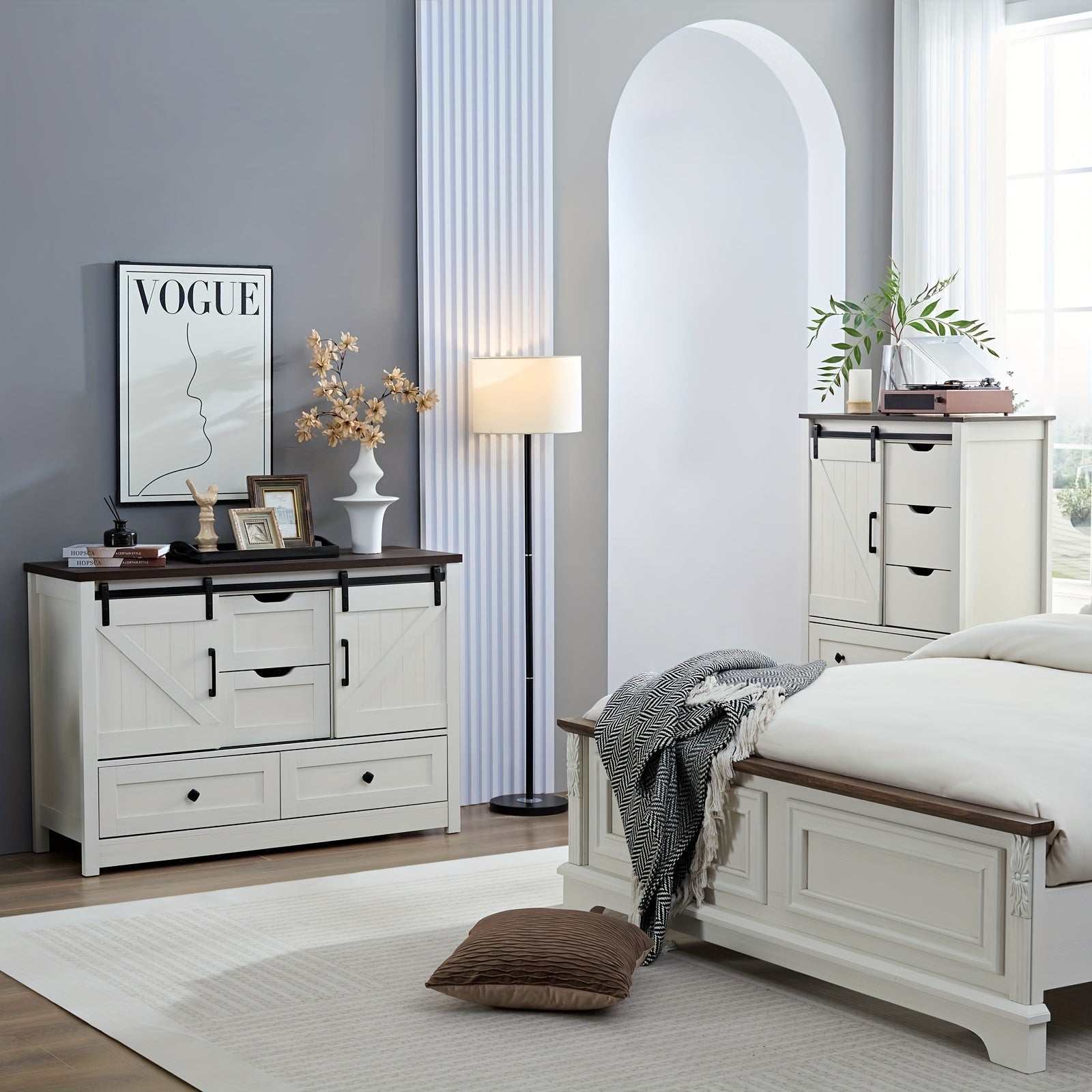 White Dresser for Bedroom, Farmhouse Dresser with Sliding Barn Door, 48" Wide Storage Cabinet with 4 Drawers, 4 Chest Of Drawers for Bedroom, Entryway, Living Room, Dining Room, Antique White